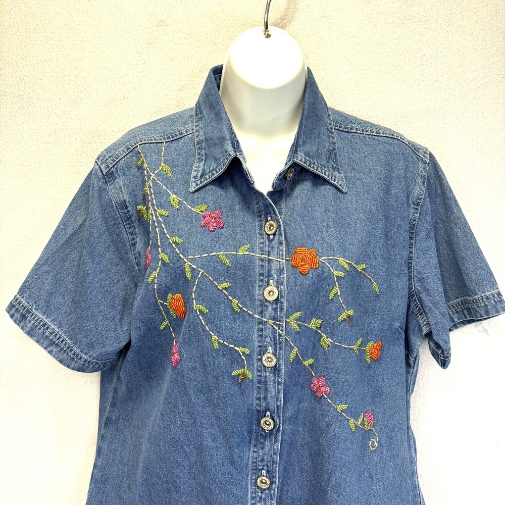Vintage Studio West Beaded Floral Western Shirt Womens Medium Denim Embroidered - Picture 3 of 10